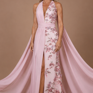 Vestido largo de invitada de tul con mitad del cuerpo y mitad de falda bordada de flores.
