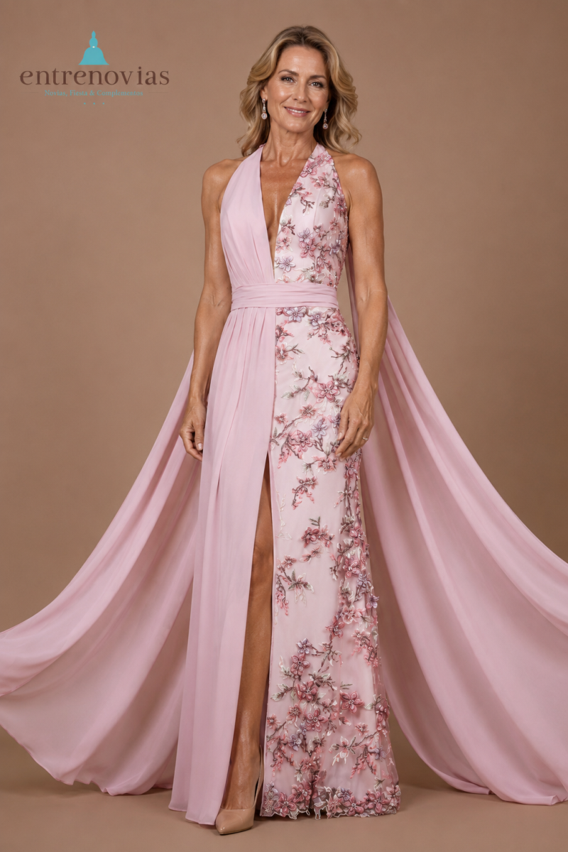 Vestido largo de invitada de tul con mitad del cuerpo y mitad de falda bordada de flores. - Imagen 2