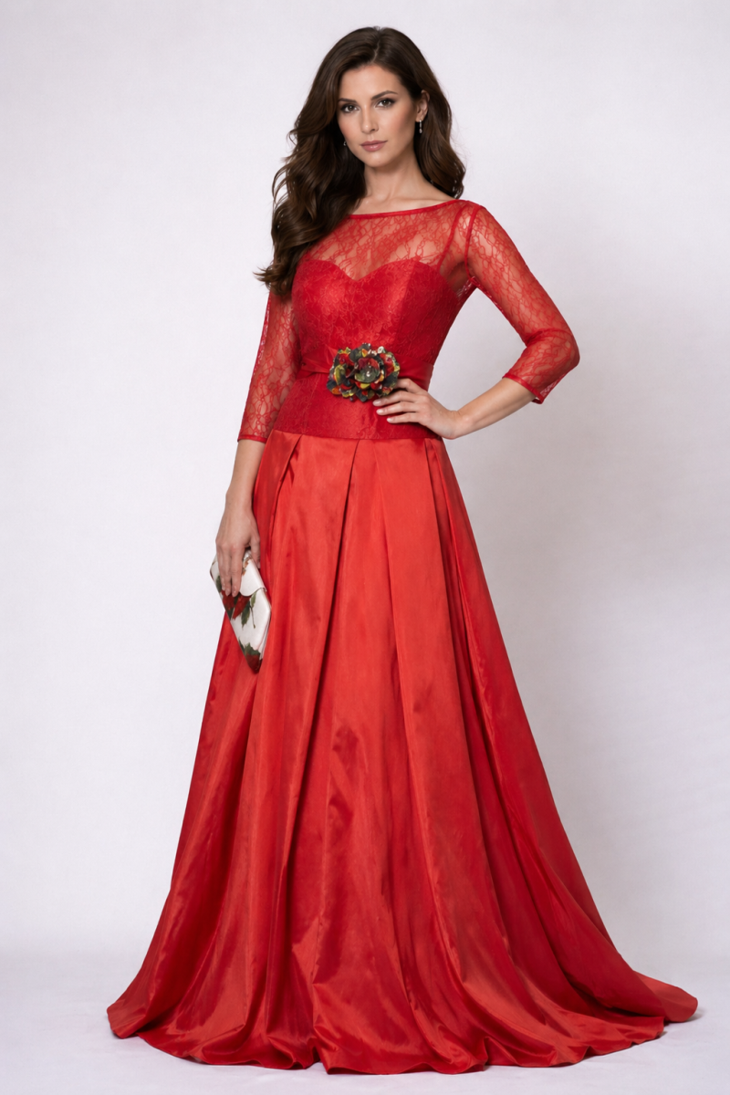 Vestido Largo Rojo con Encaje de Chantilly