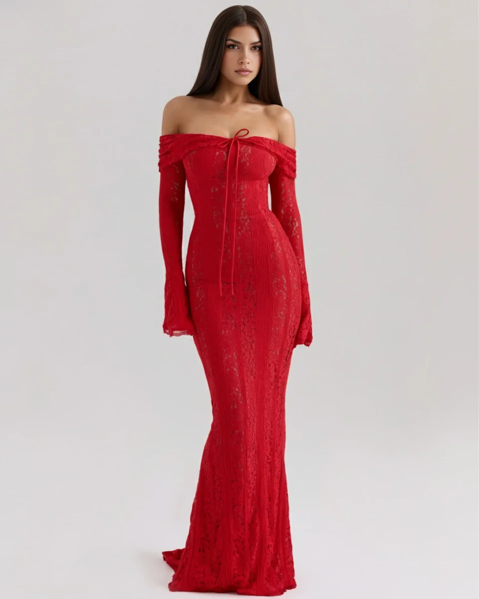 Vestido largo de encaje con escote bardot