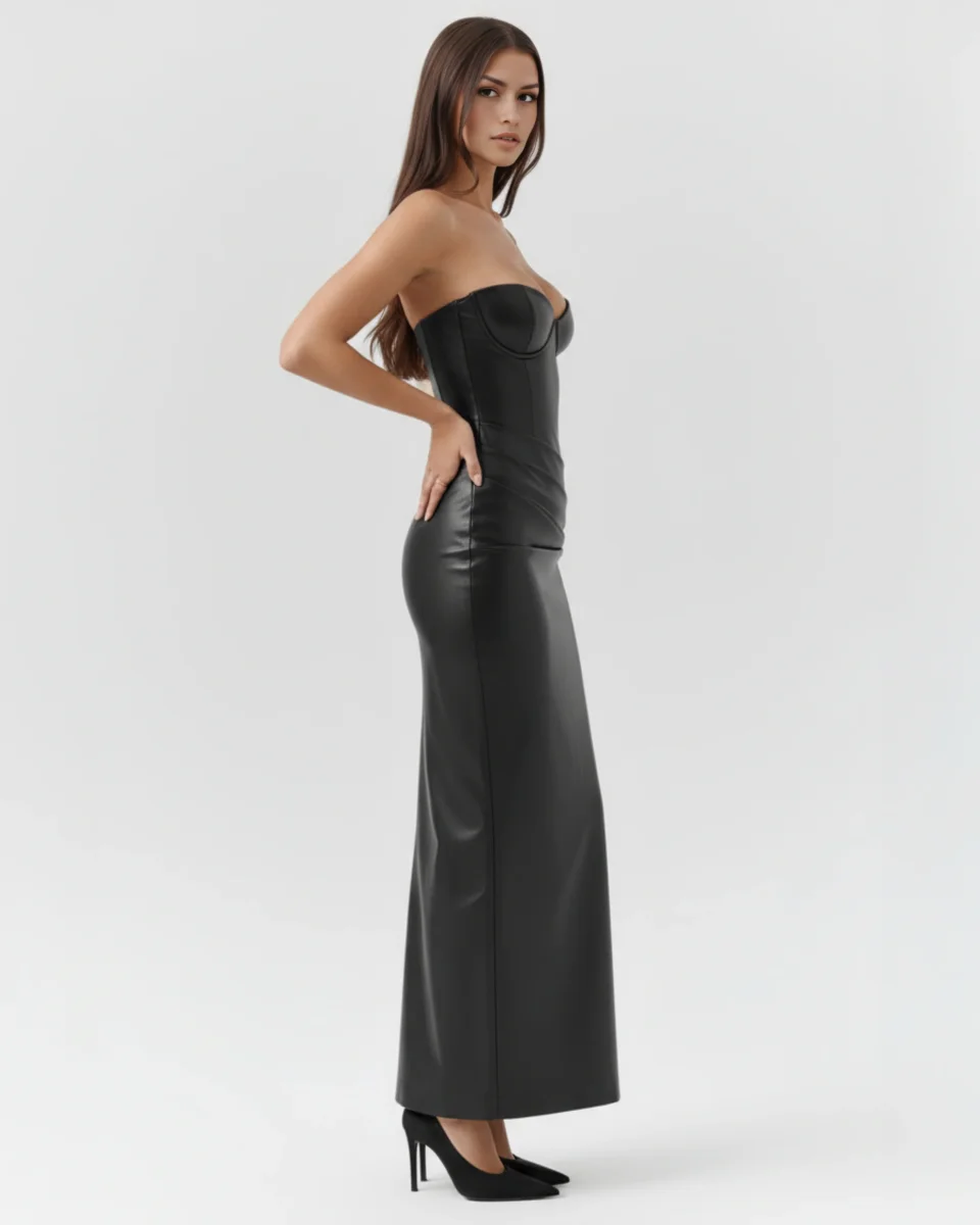 Vestido largo efecto piel con escote palabra de honor - Imagen 7