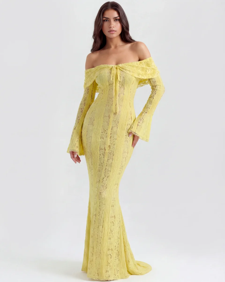 Vestido largo de encaje con escote bardot