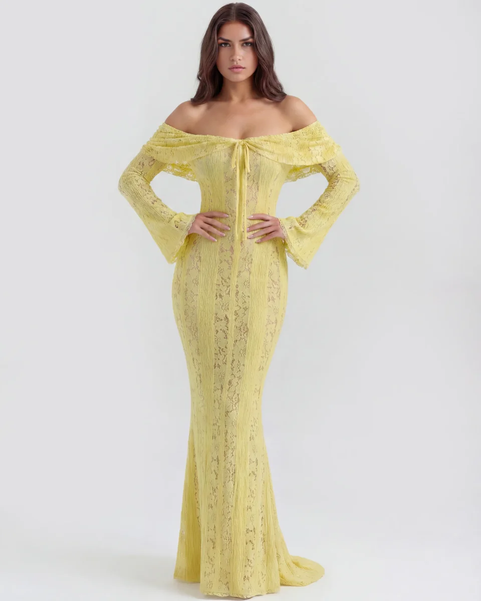 Vestido largo de encaje con escote bardot - Imagen 3