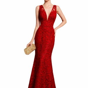 Vestido largo Rojo de Encaje y Corte Sirena.
