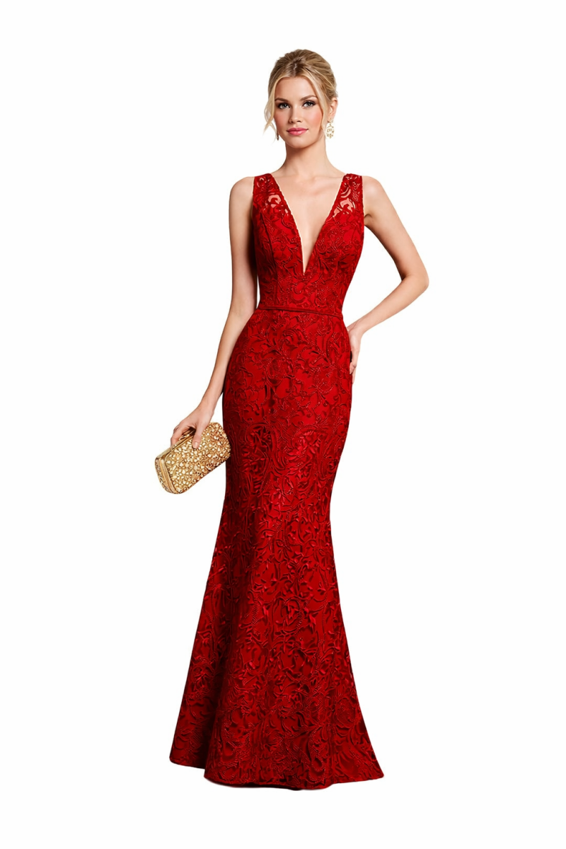 Vestido largo Rojo de Encaje y Corte Sirena. - Imagen 3