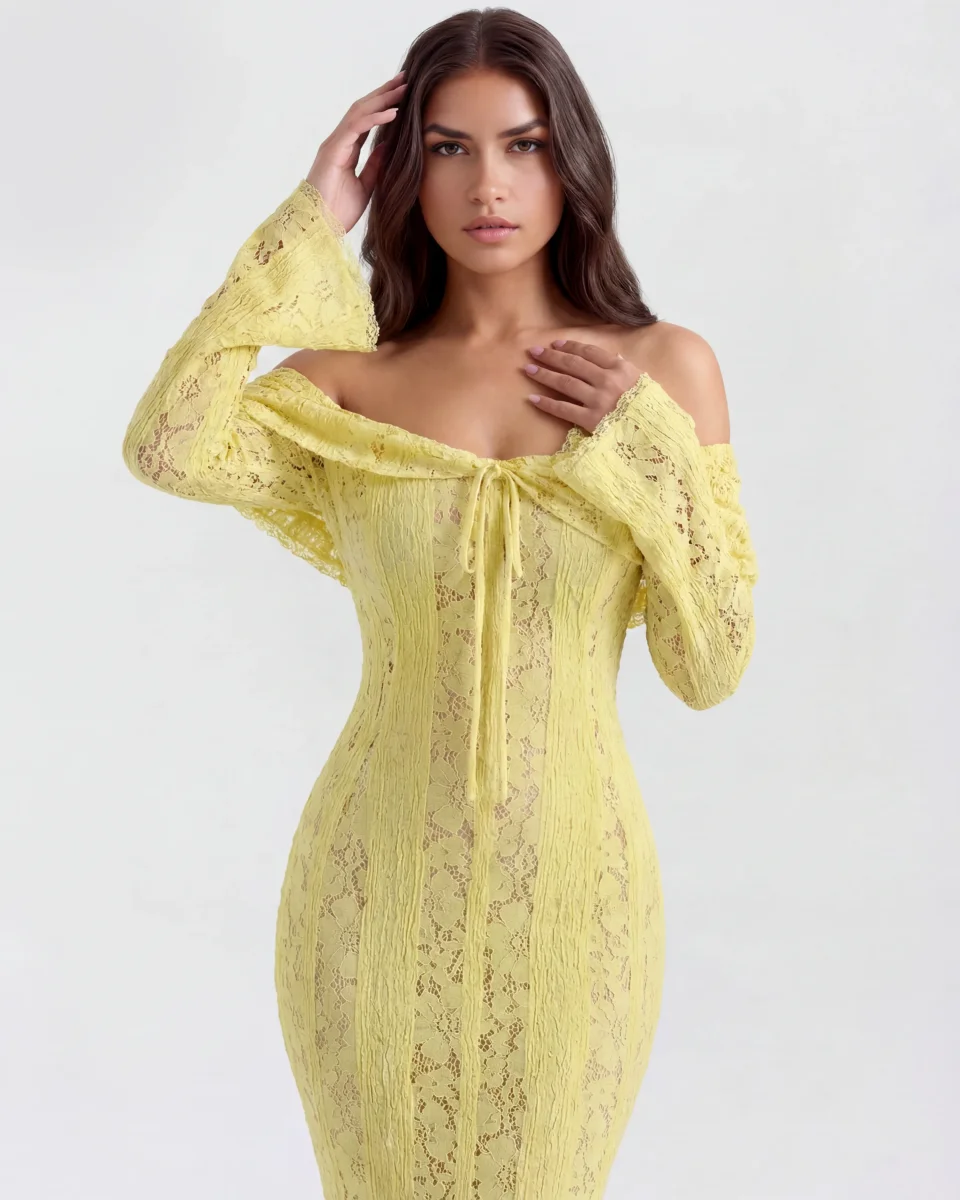 Vestido largo de encaje con escote bardot - Imagen 4