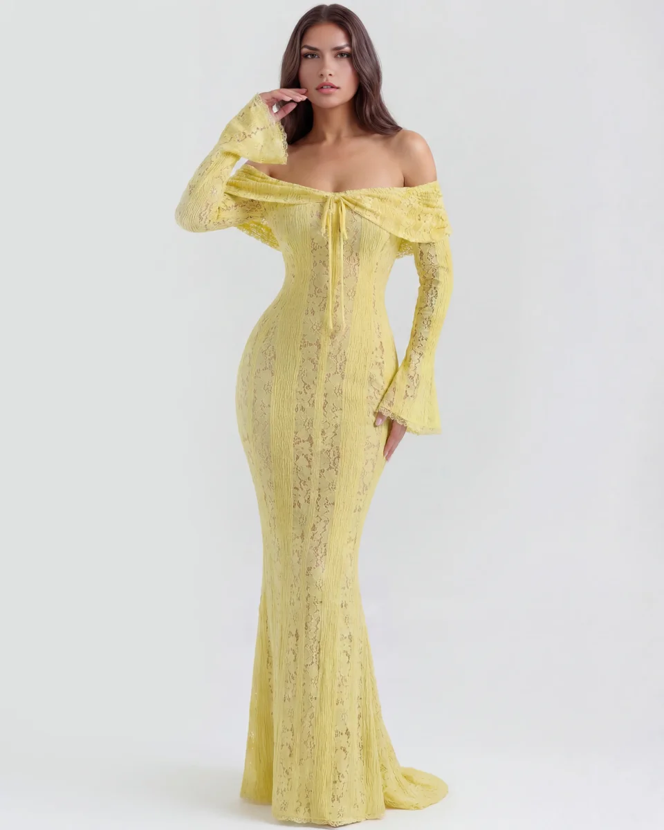 Vestido largo de encaje con escote bardot - Imagen 5