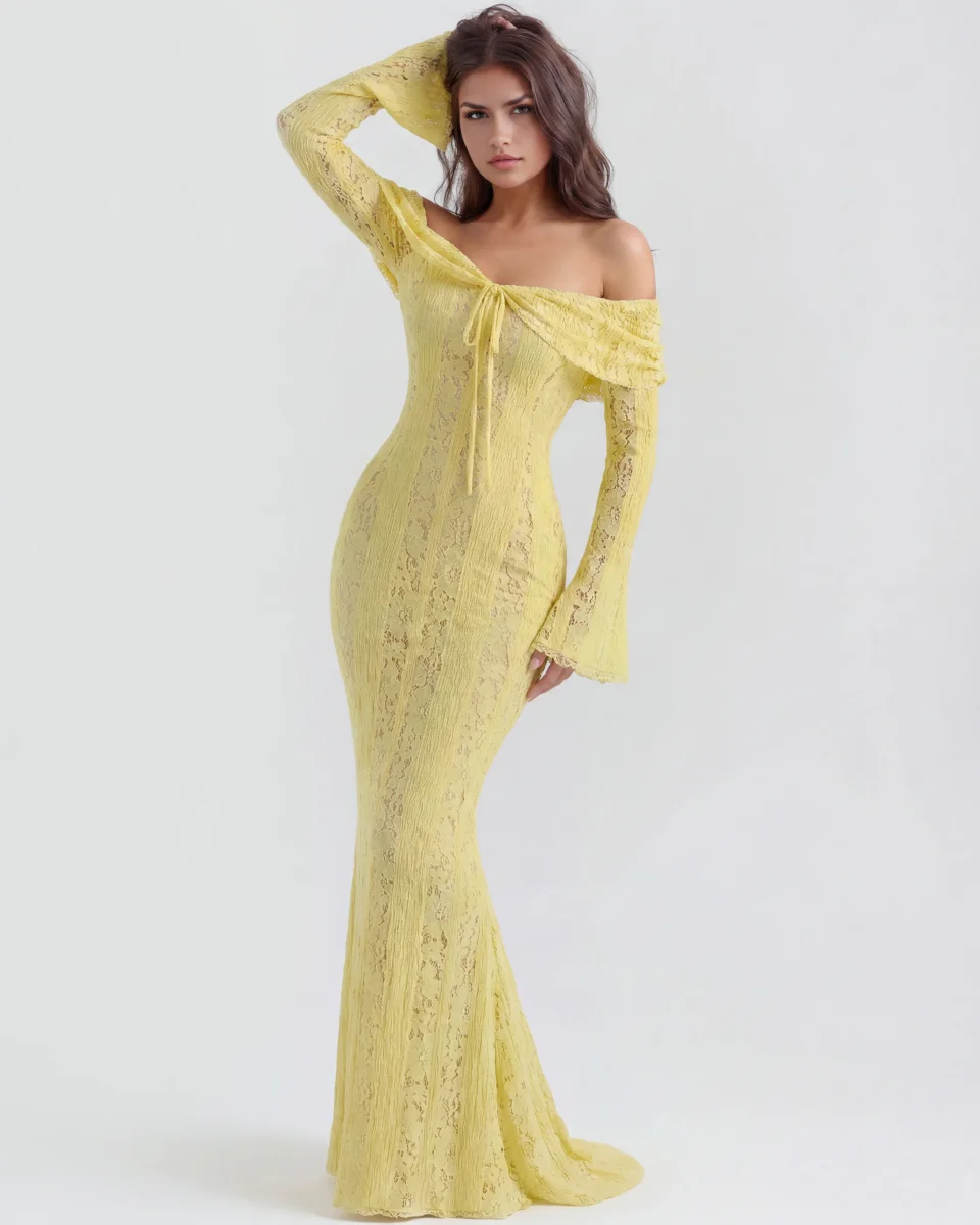 Vestido largo de encaje con escote bardot - Imagen 6