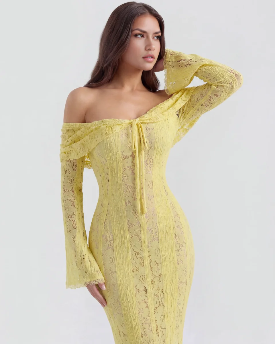 Vestido largo de encaje con escote bardot - Imagen 7