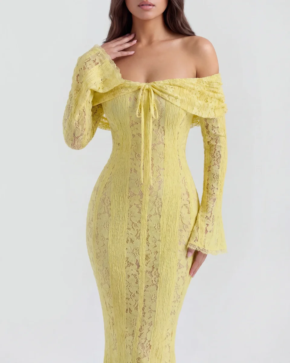 Vestido largo de encaje con escote bardot - Imagen 8
