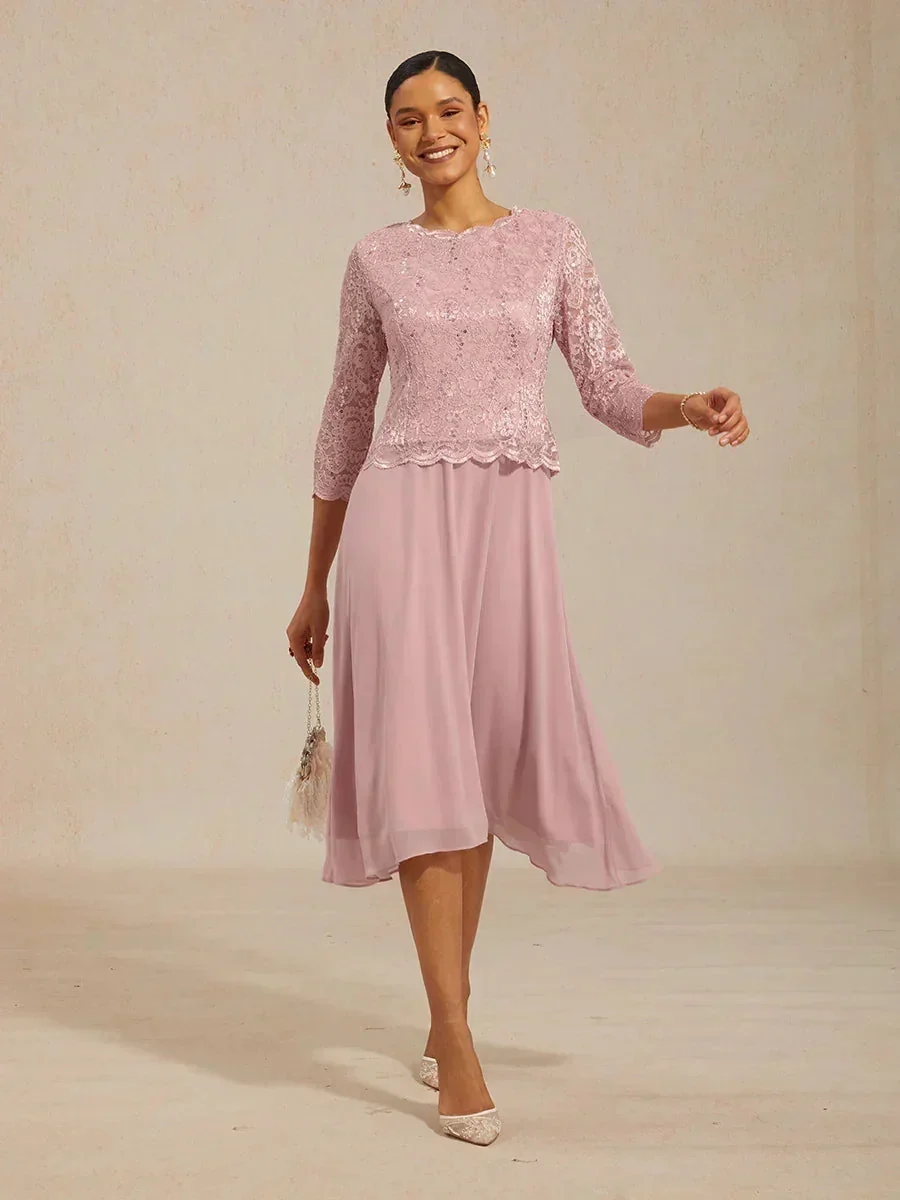 Vestido midi con encaje y manga tres cuartos - Imagen 7