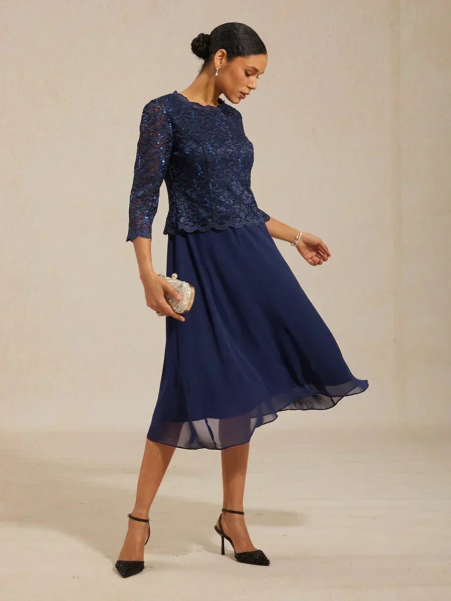 Vestido midi con encaje y manga tres cuartos - Imagen 5