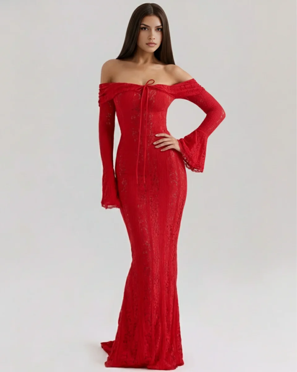 Vestido largo de encaje con escote bardot - Imagen 3