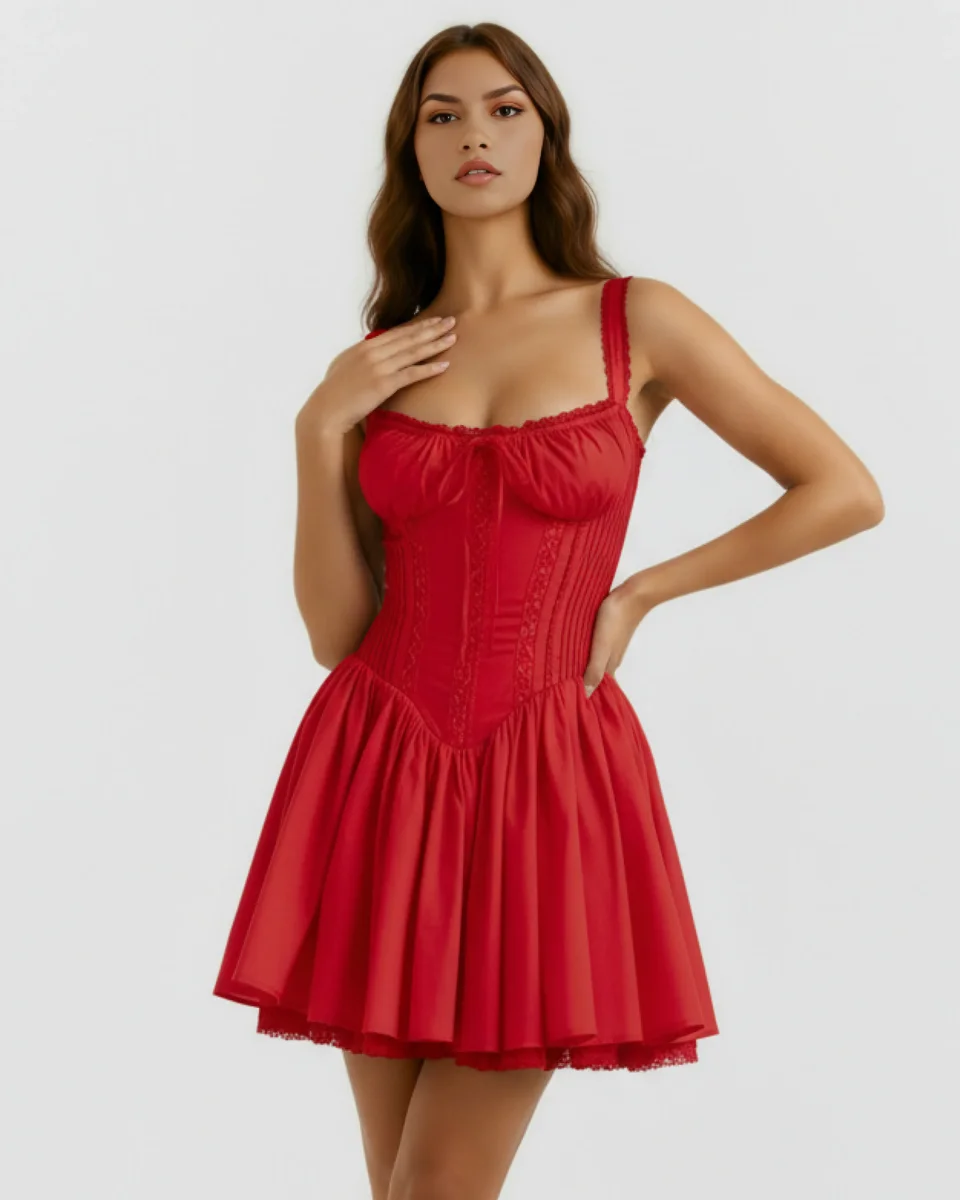 Vestido corto con corsé y falda fluida - Imagen 5