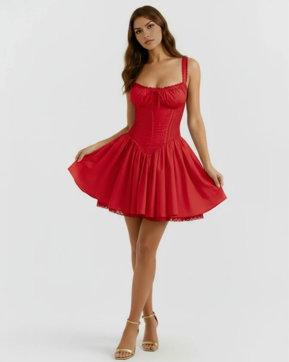 Vestido corto con corsé y falda fluida - Imagen 2