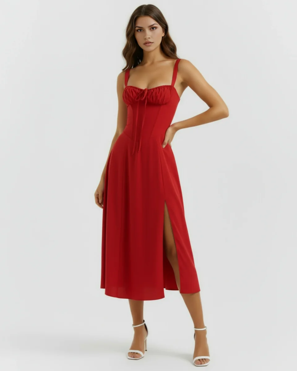 Vestido midi con corsé y abertura - Imagen 3