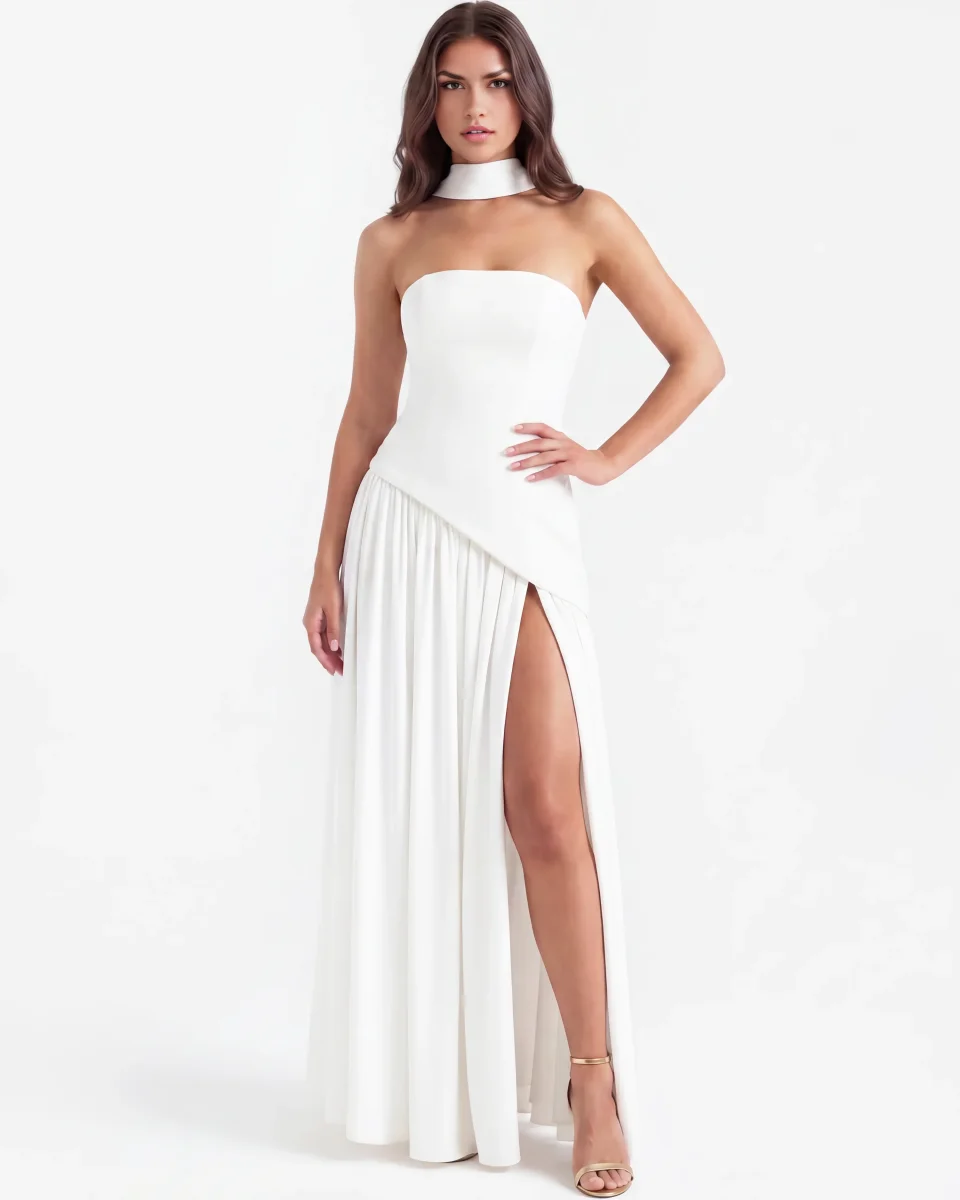 Vestido largo palabra de honor con abertura - Imagen 9