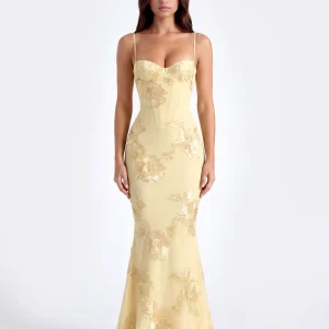 Vestido largo con corsé floral bordado