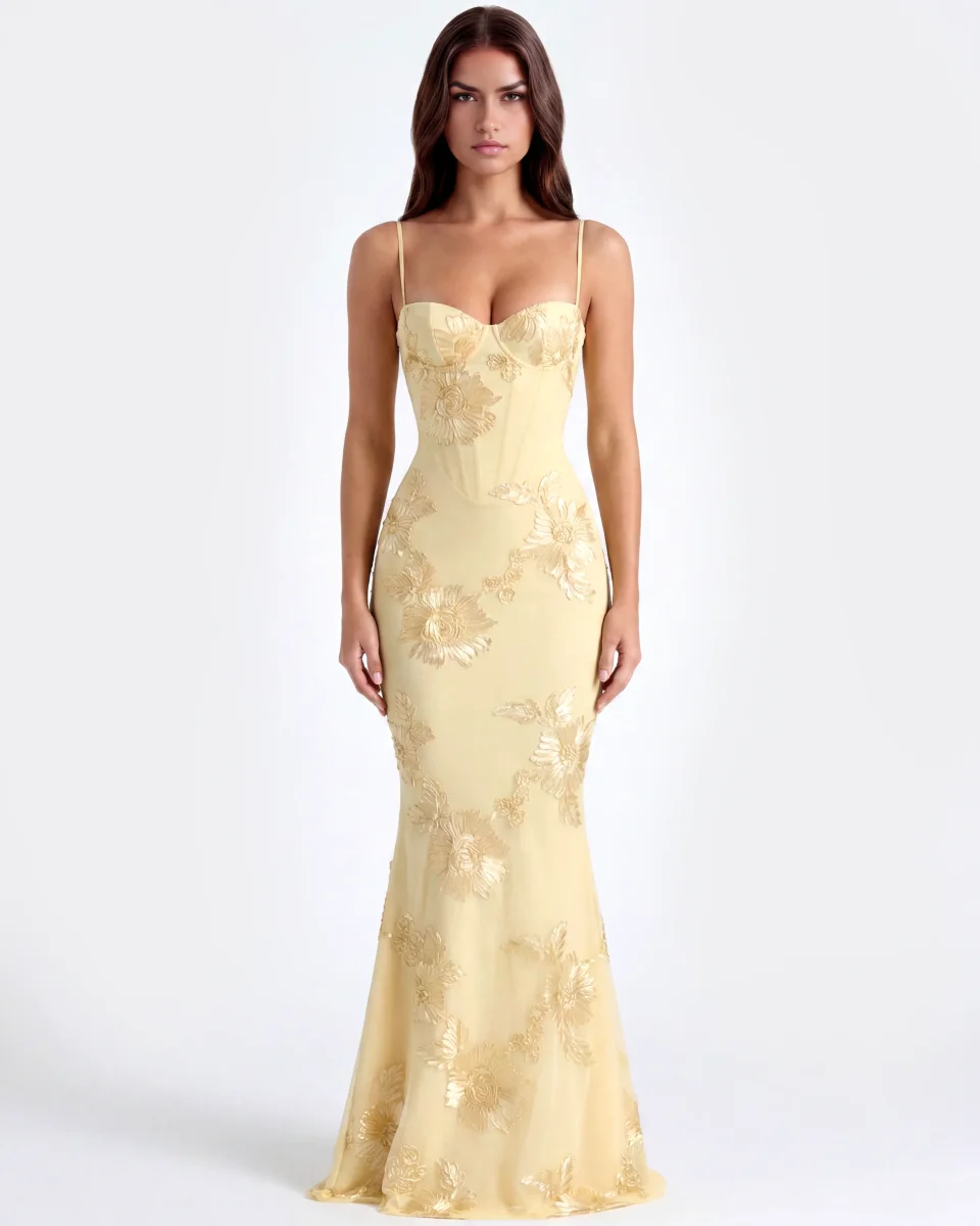 Vestido largo con corsé floral bordado - Imagen 2