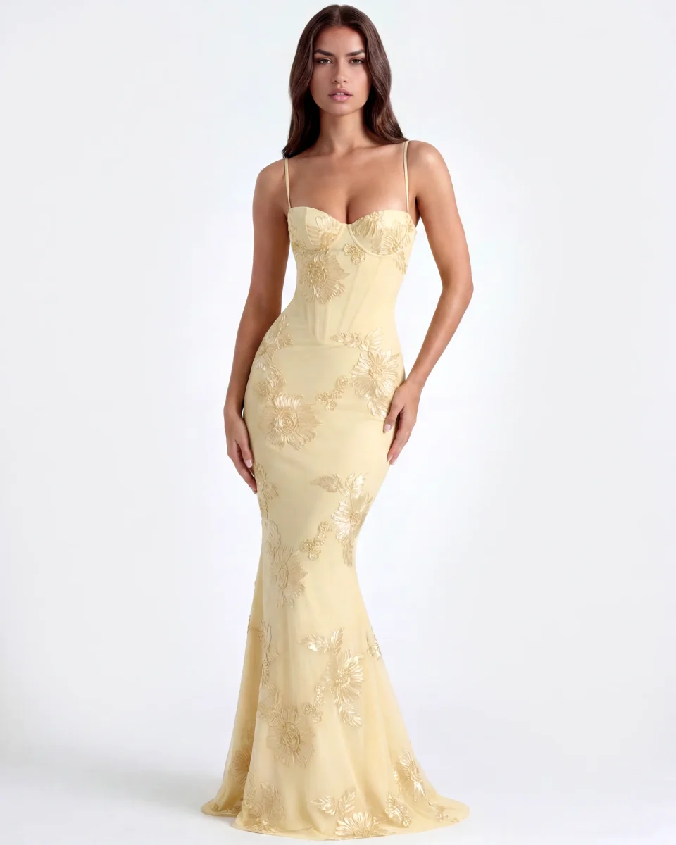 Vestido largo con corsé floral bordado - Imagen 5