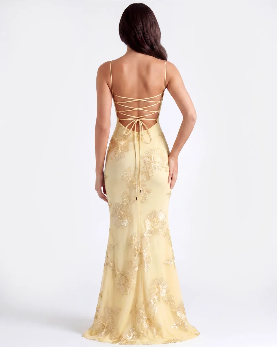 Vestido largo con corsé floral bordado - Imagen 9