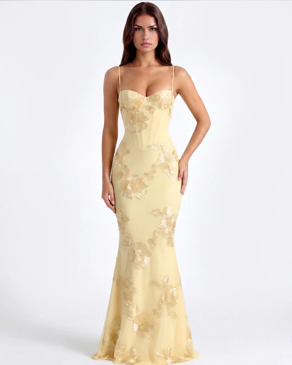 Vestido largo con corsé floral bordado - Imagen 6