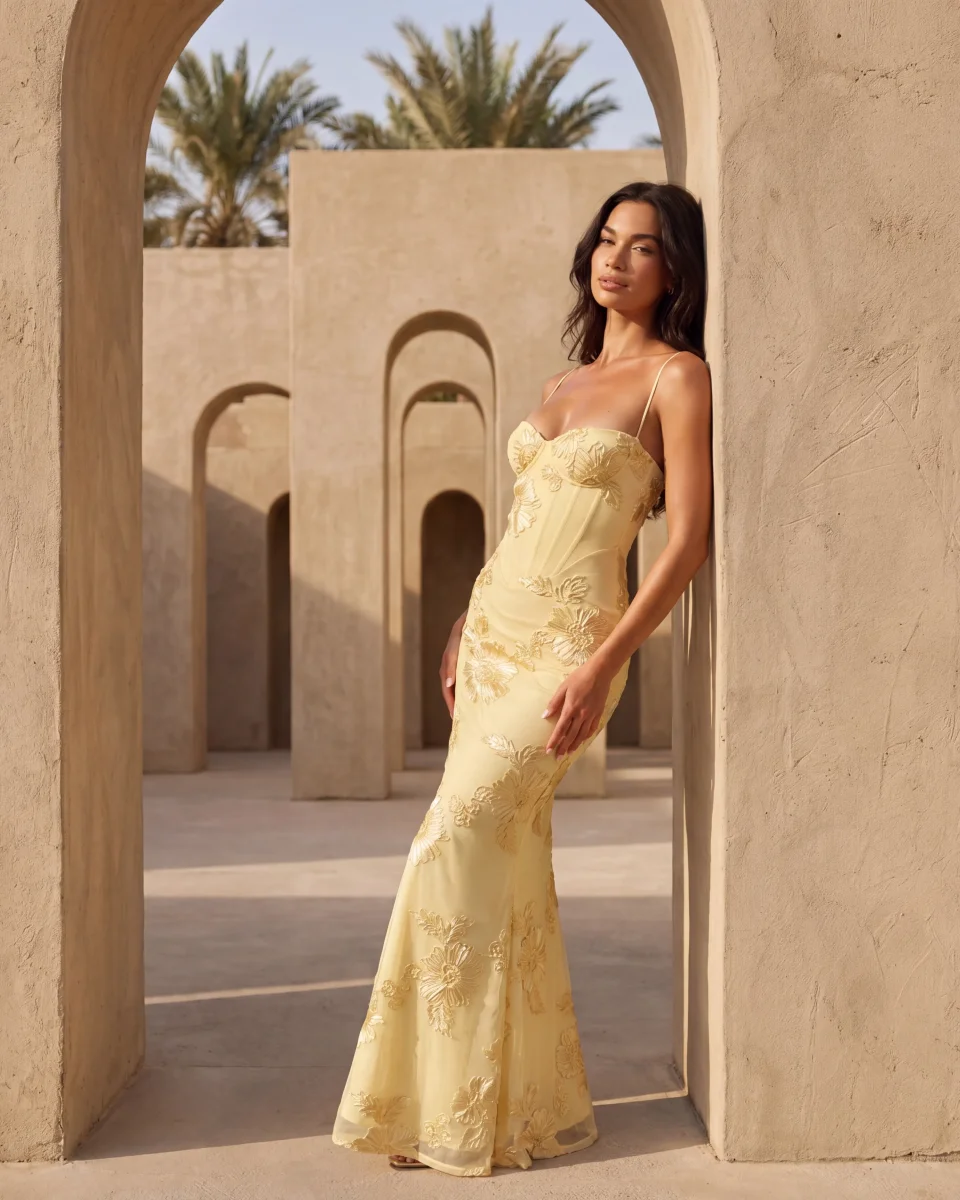 Vestido largo con corsé floral bordado - Imagen 4