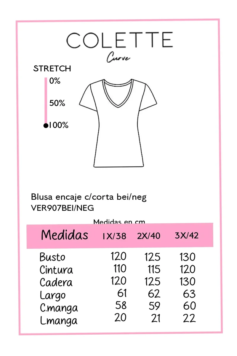 Blusa Curvy Encaje Floral Manga Corta Beige Crema - Imagen 3