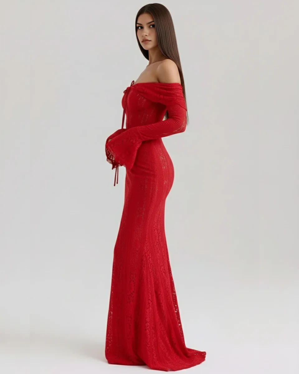 Vestido largo de encaje con escote bardot - Imagen 6