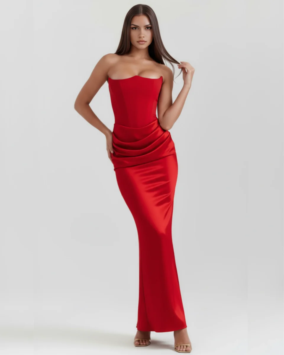 Vestido largo satinado con escote palabra de honor - Imagen 7