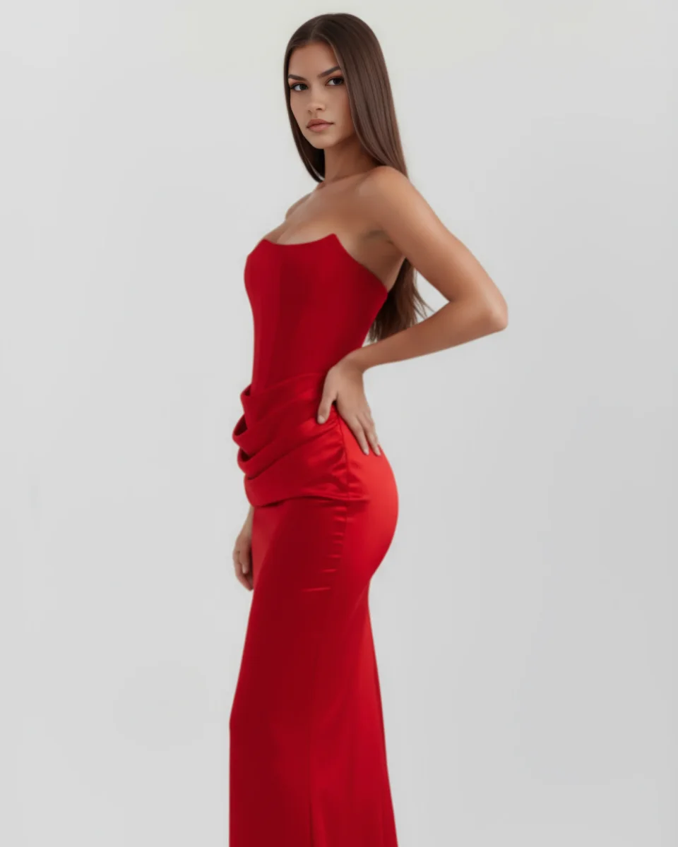 Vestido largo satinado con escote palabra de honor - Imagen 5