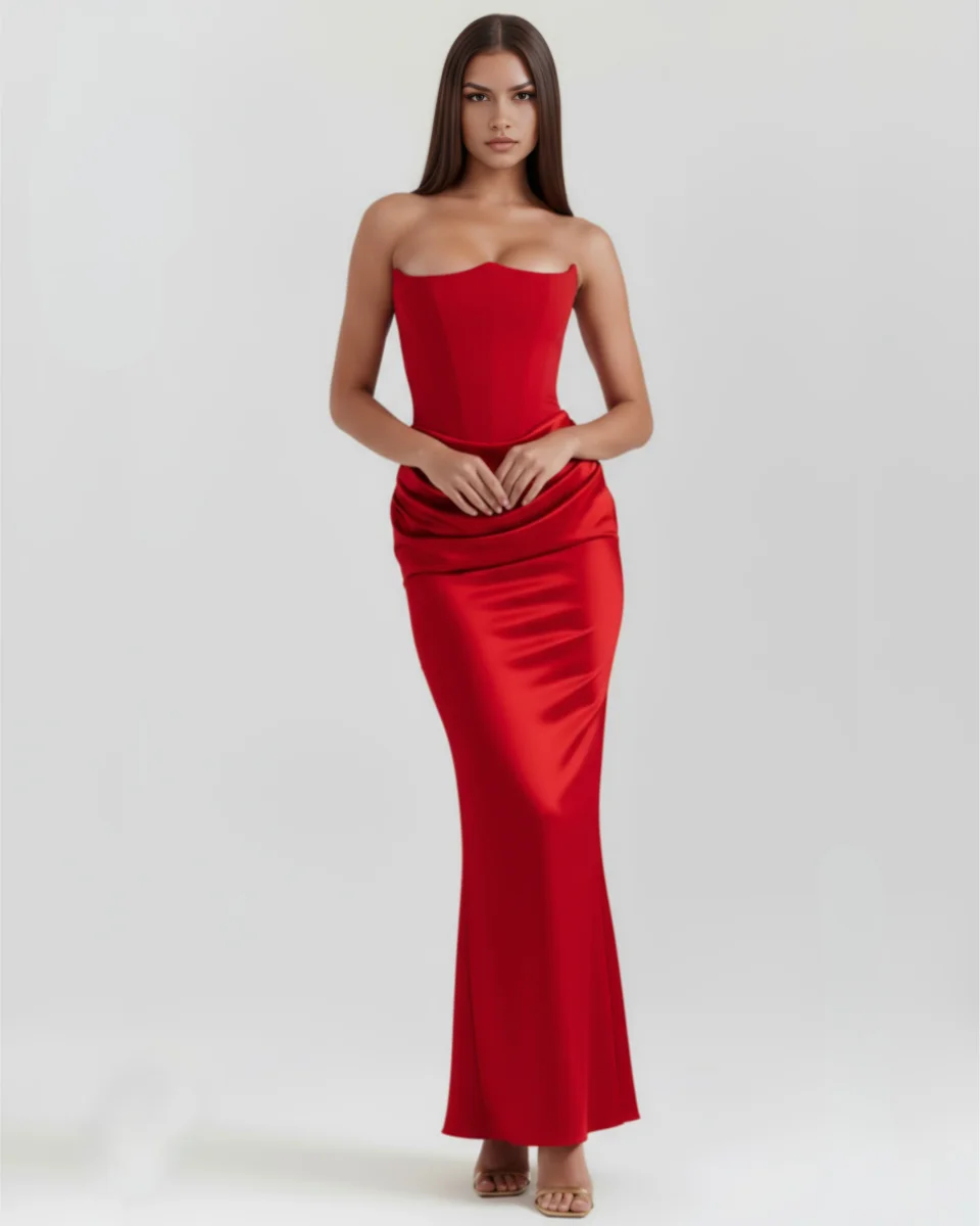 Vestido largo satinado con escote palabra de honor - Imagen 6