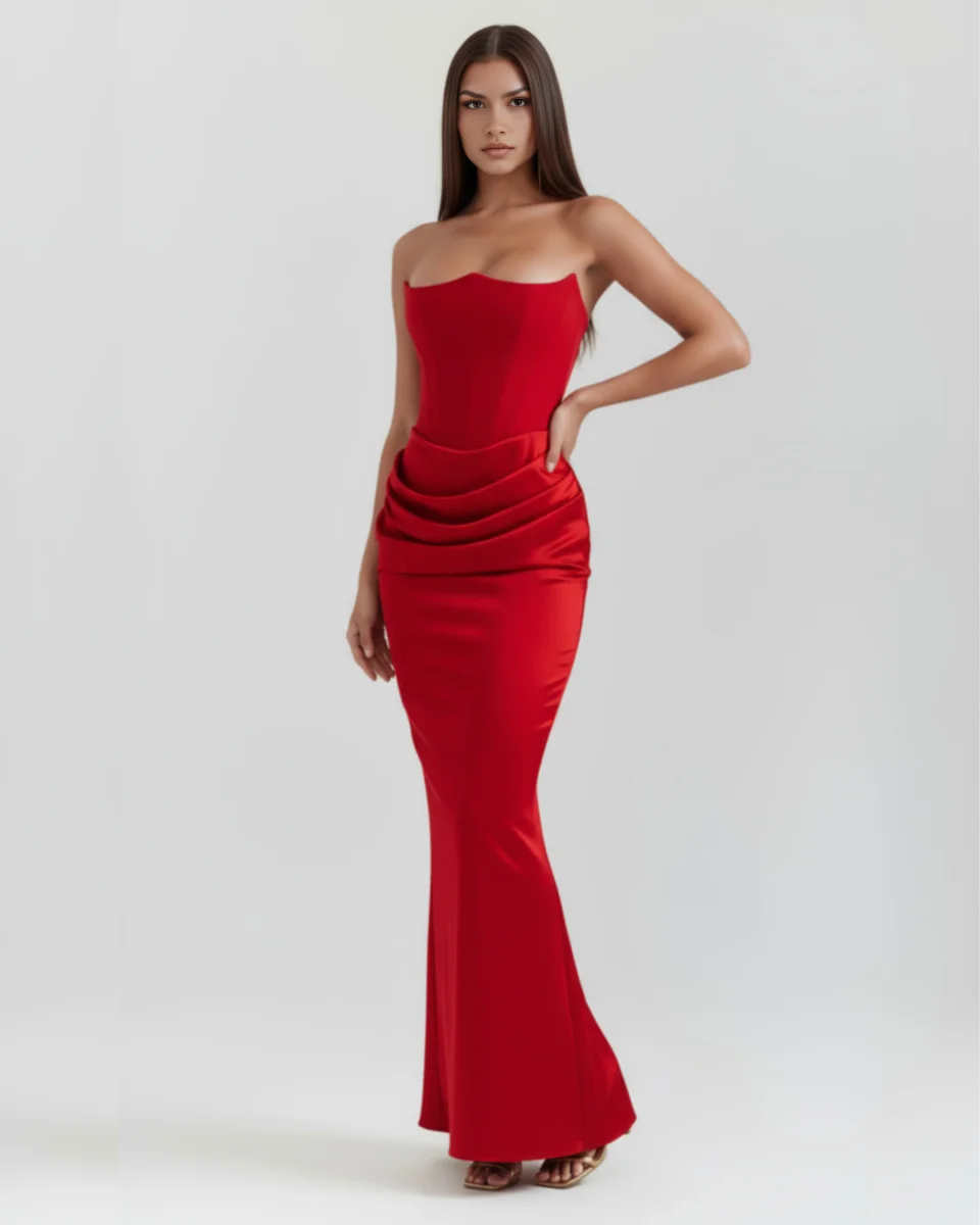 Vestido largo satinado con escote palabra de honor - Imagen 8