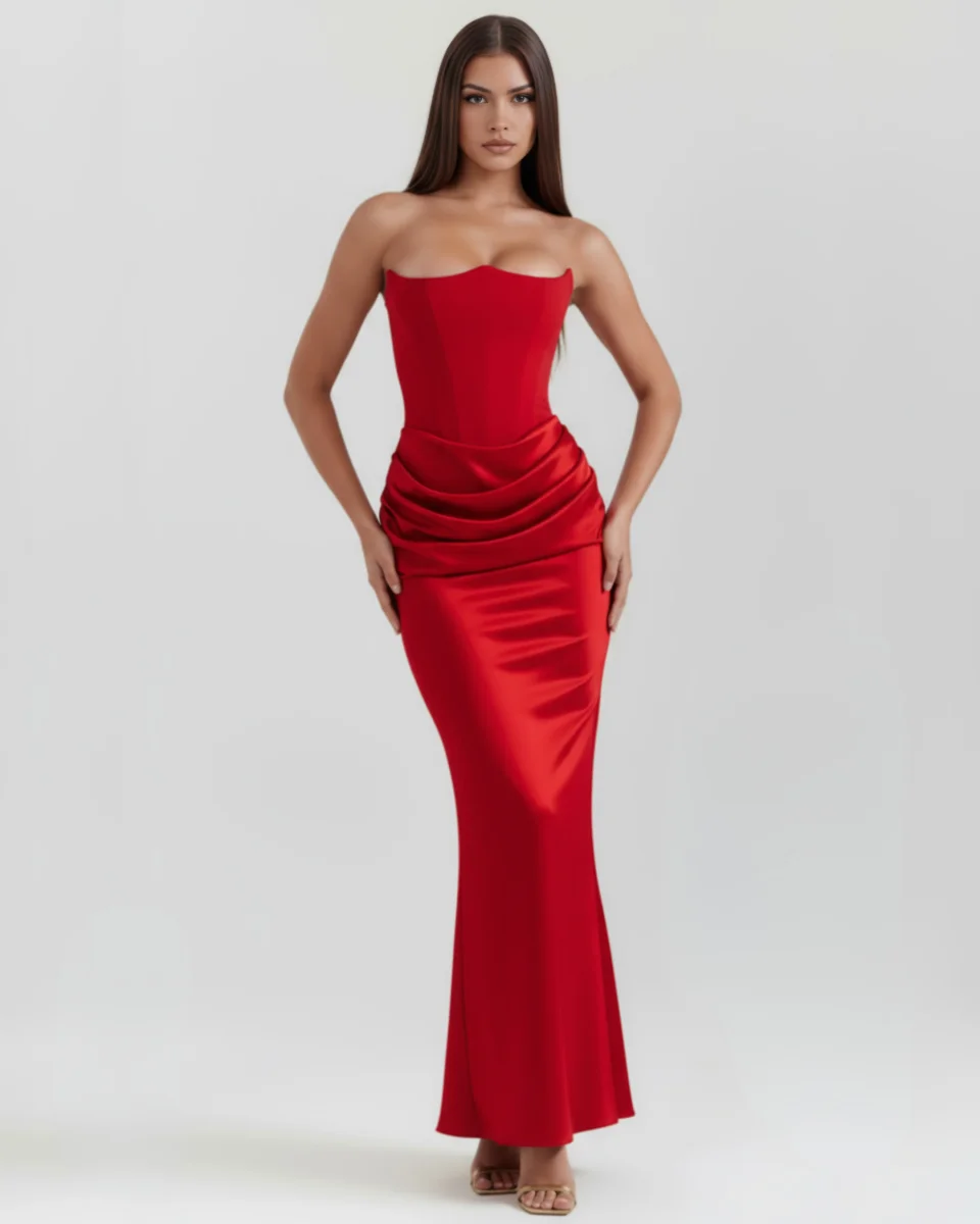 Vestido largo satinado con escote palabra de honor - Imagen 4