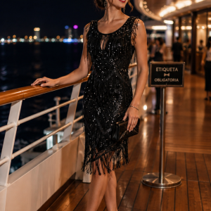Vestido corto midi de madrina de tul bordado lentejuela y flecos.