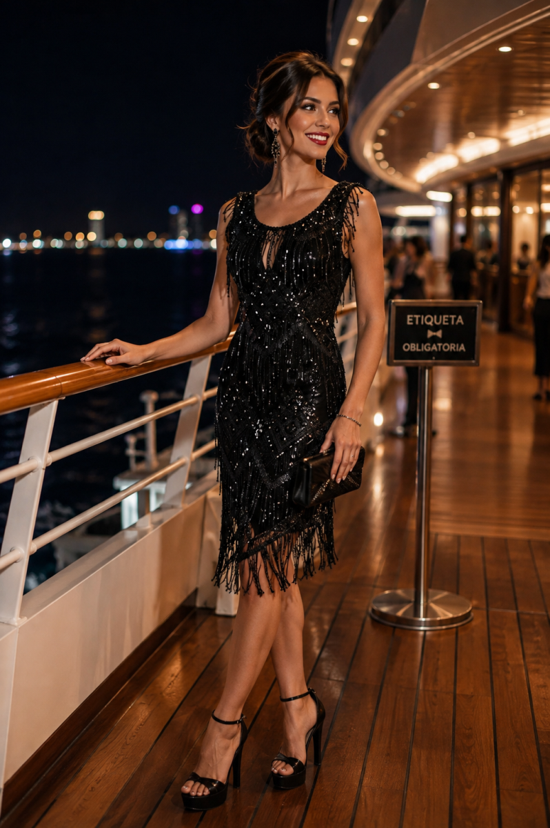 Vestido corto midi de madrina de tul bordado lentejuela y flecos.