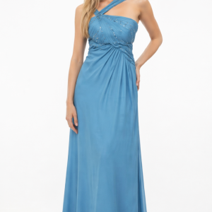 Vestido largo en color Turquesa con detalles en la cintura.