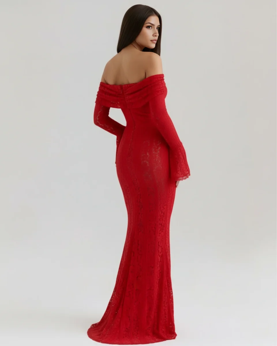Vestido largo de encaje con escote bardot - Imagen 5