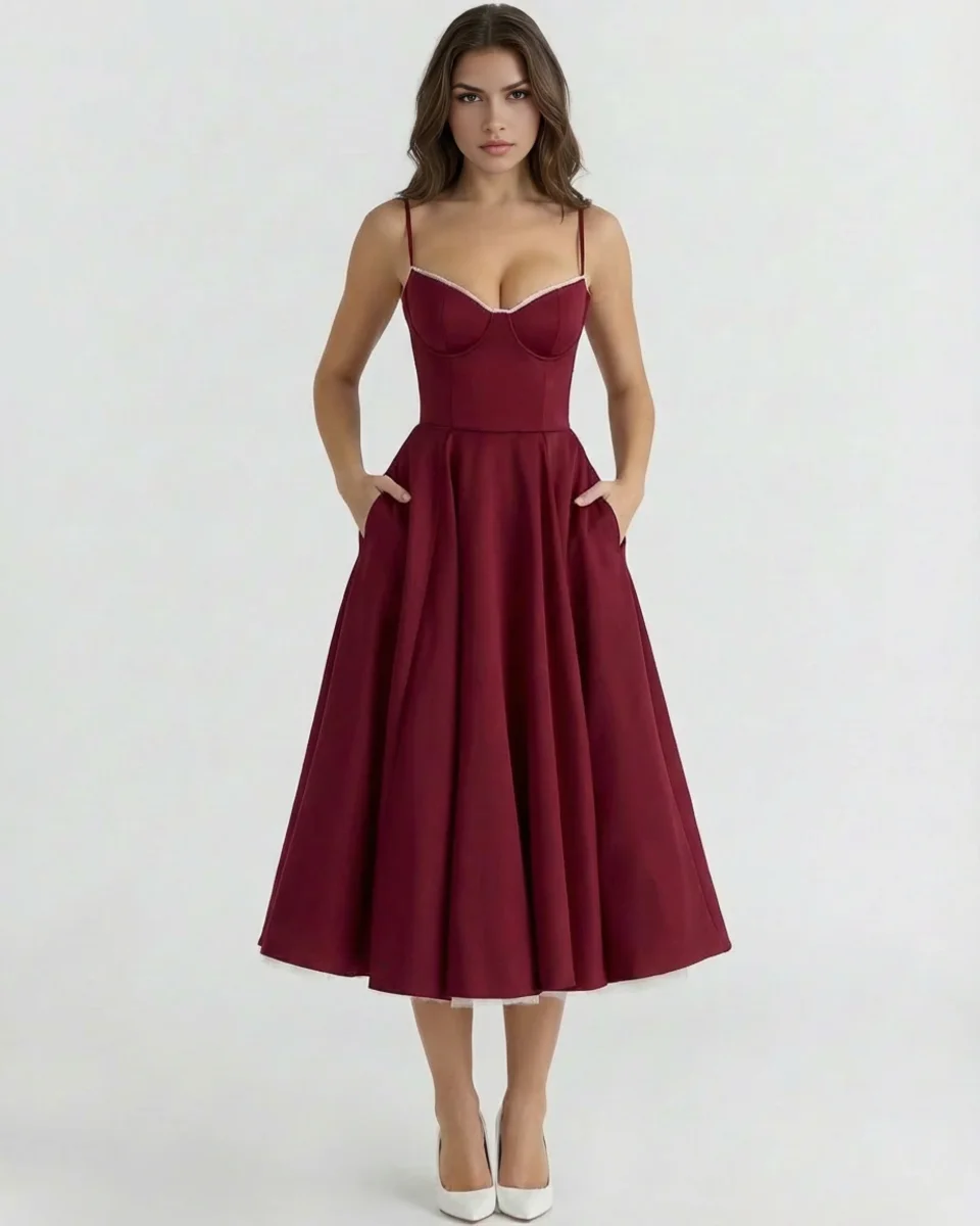 Vestido midi con corsé y falda amplia - Imagen 3