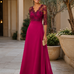 Vestido largo para madrina con encaje.