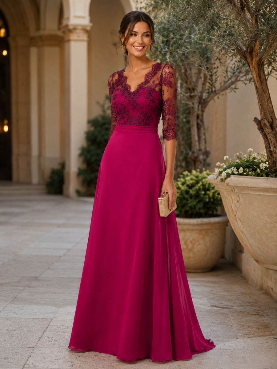 Vestido largo para madrina con encaje.