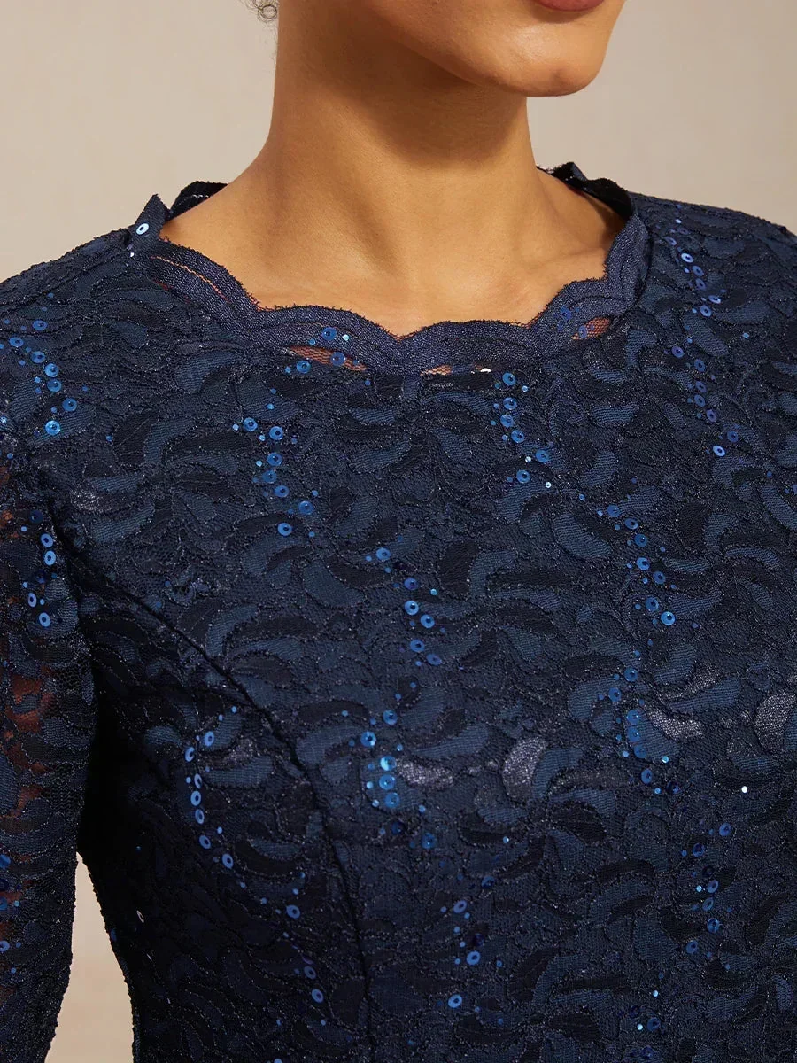 Vestido midi con encaje y manga tres cuartos - Imagen 6