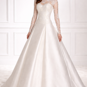 Vestido de novia recto con cuello a la caja de encaje y manga larga.