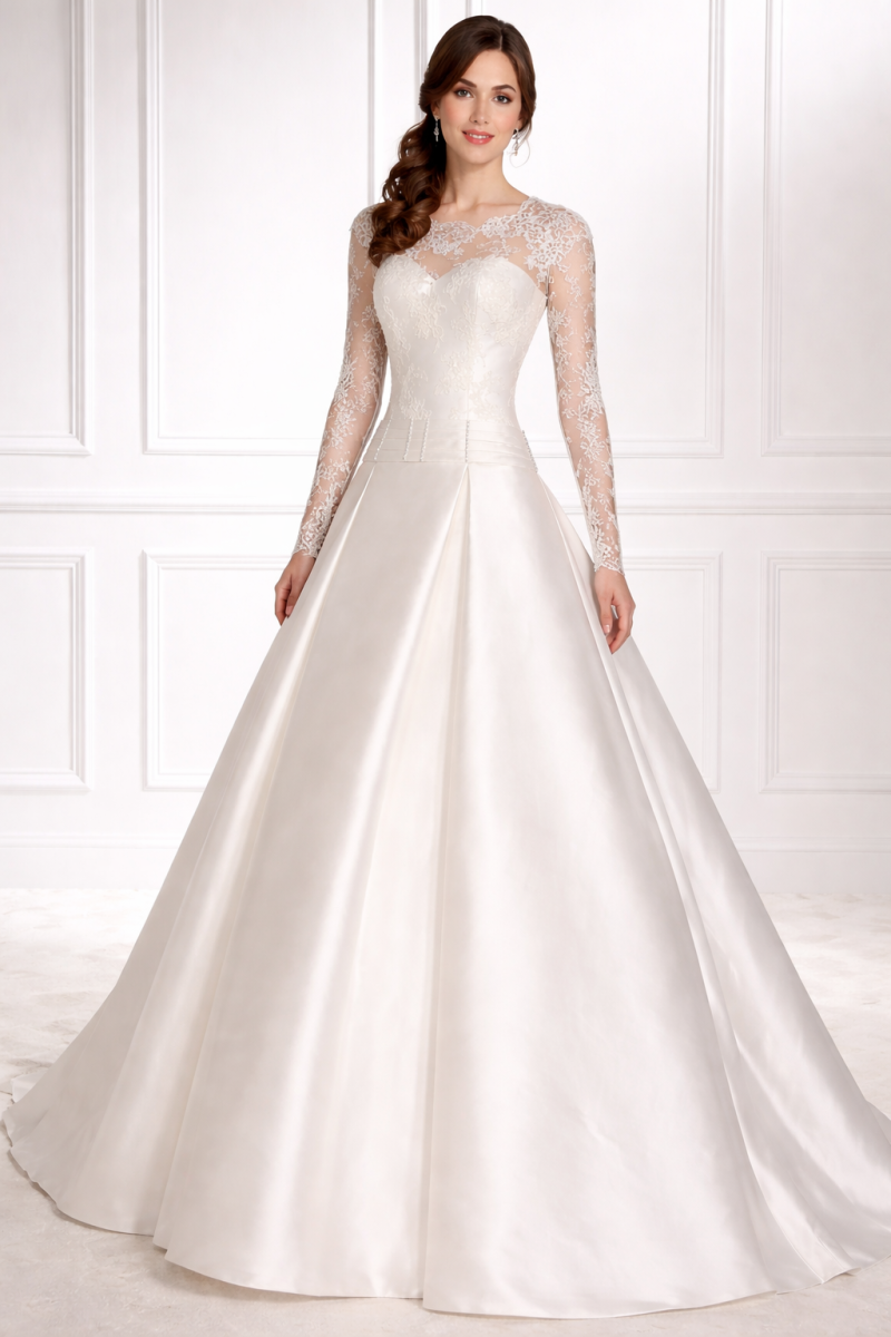 Vestido de novia recto con cuello a la caja de encaje y manga larga.