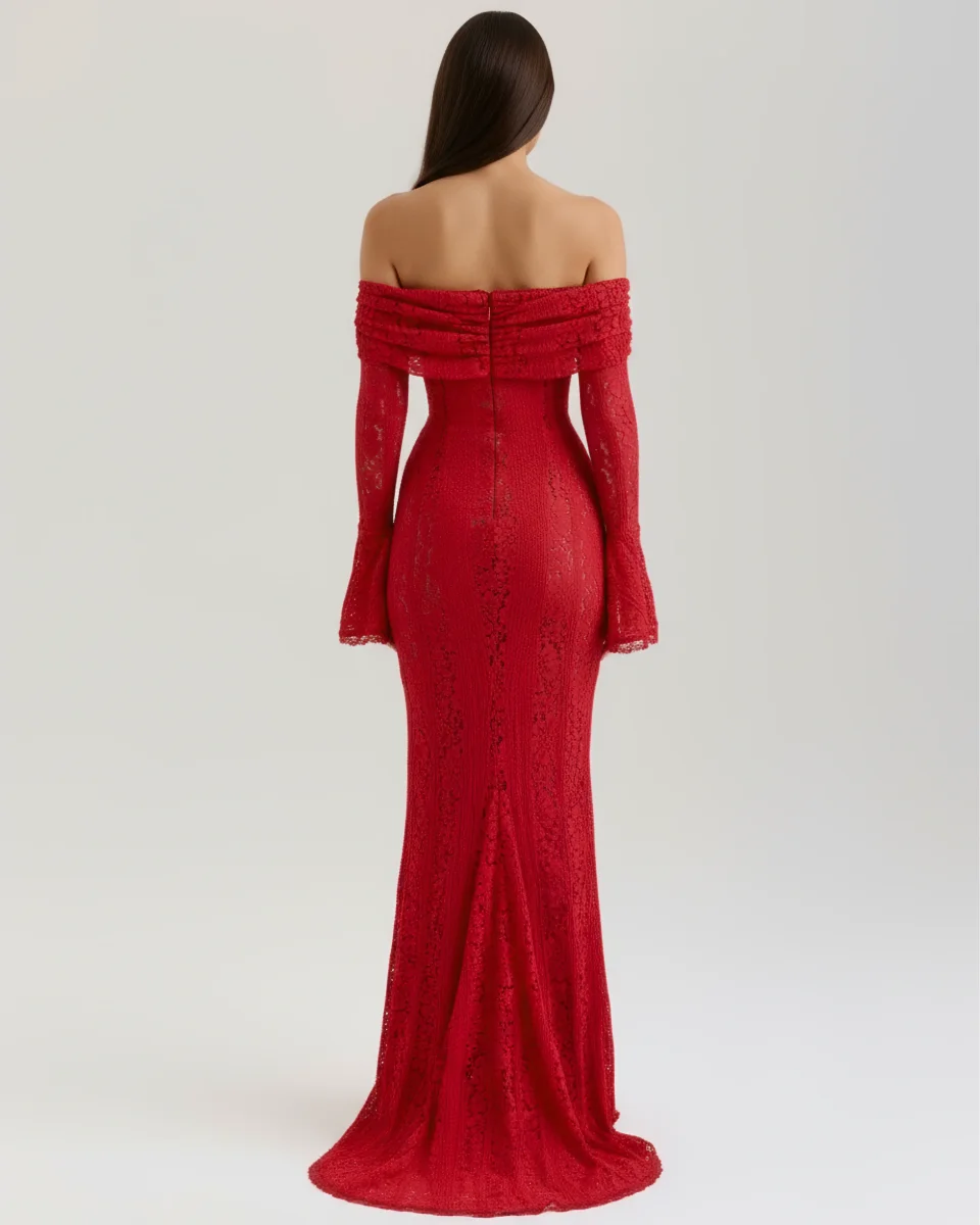 Vestido largo de encaje con escote bardot - Imagen 7