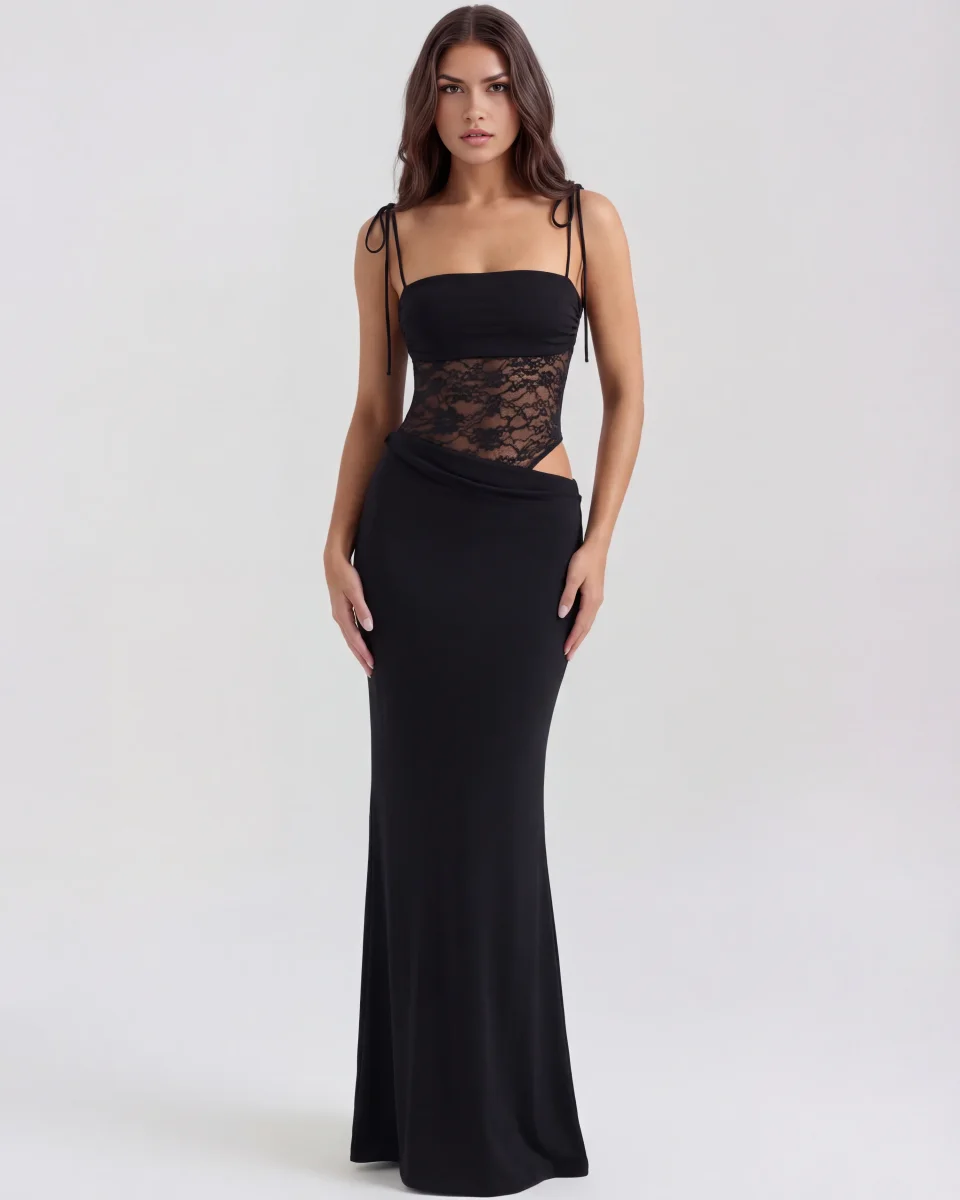 Vestido largo con encaje y tirantes finos - Imagen 3
