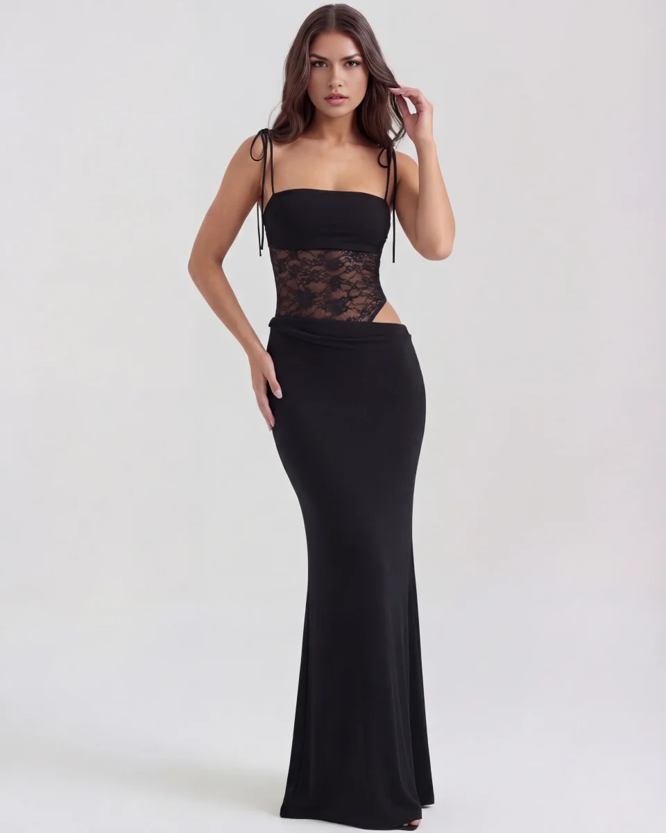 Vestido largo con encaje y tirantes finos - Imagen 2