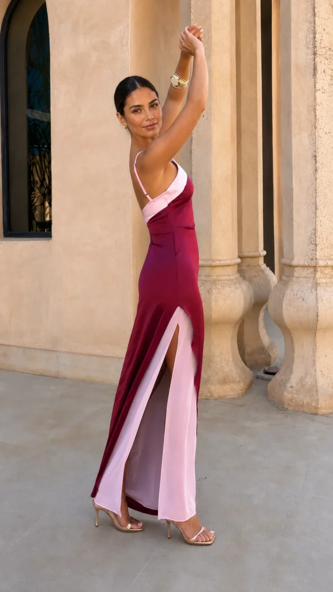 Vestido largo satinado con escote cruzado - Imagen 4