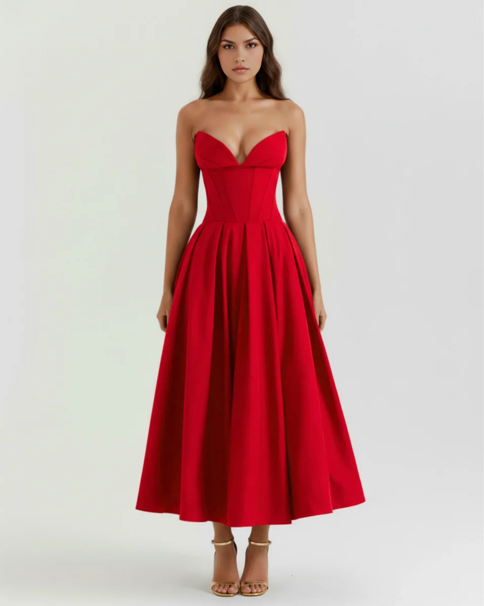 Vestido midi palabra de honor con falda amplia - Imagen 4