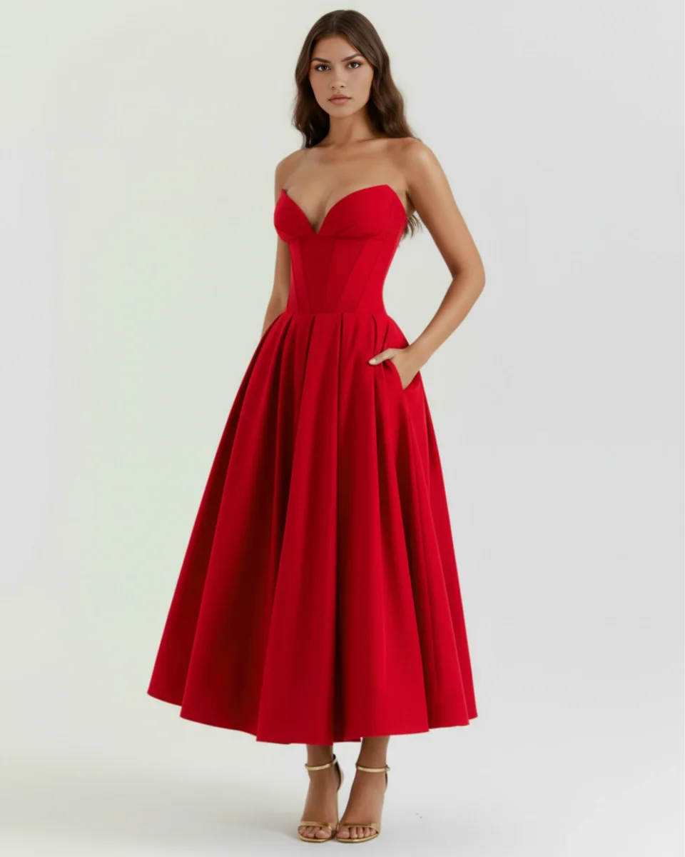 Vestido midi palabra de honor con falda amplia - Imagen 3